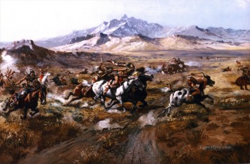 アメリカインディアン Painting - 駅馬車襲撃 1899年 チャールズ・マリオン・ラッセル アメリカン・インディアン